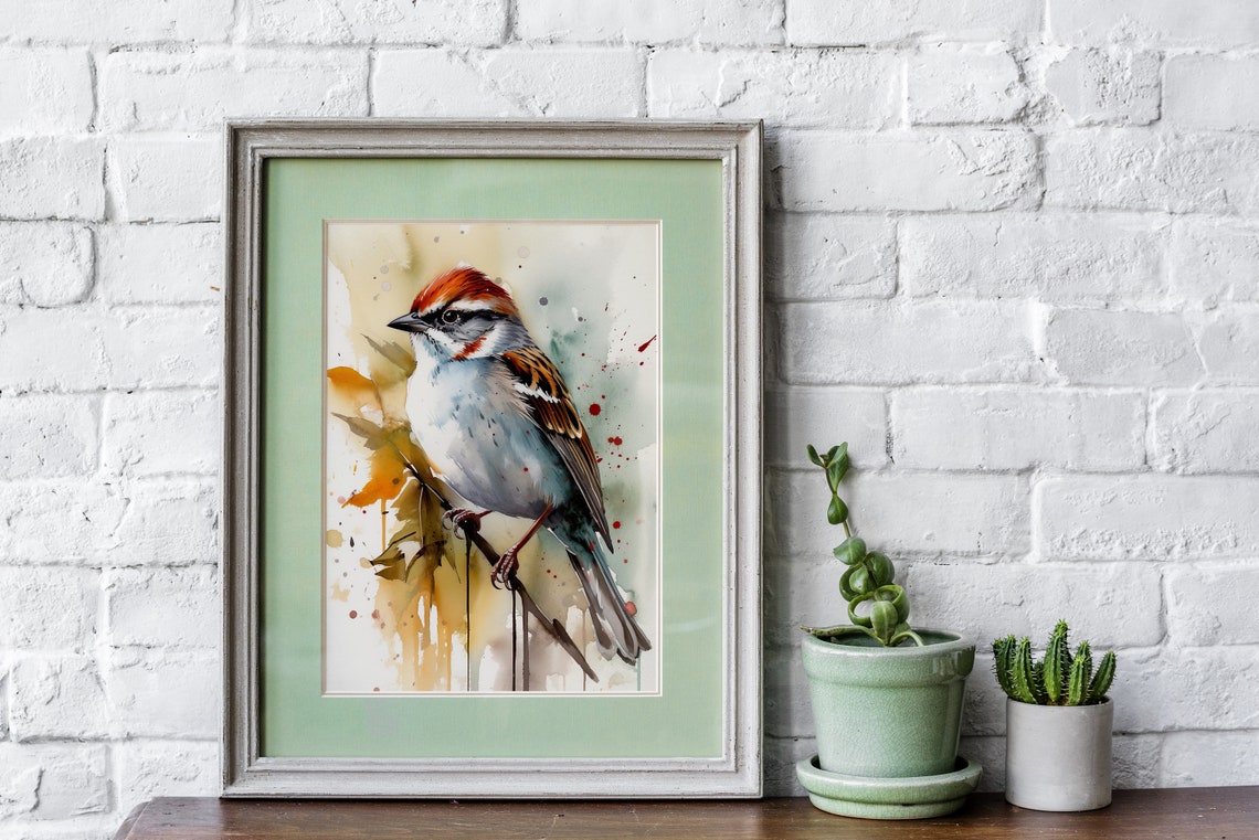 Chestnut Capped Sparrow Watercolor Perched Branch Bird Poster - Image 4