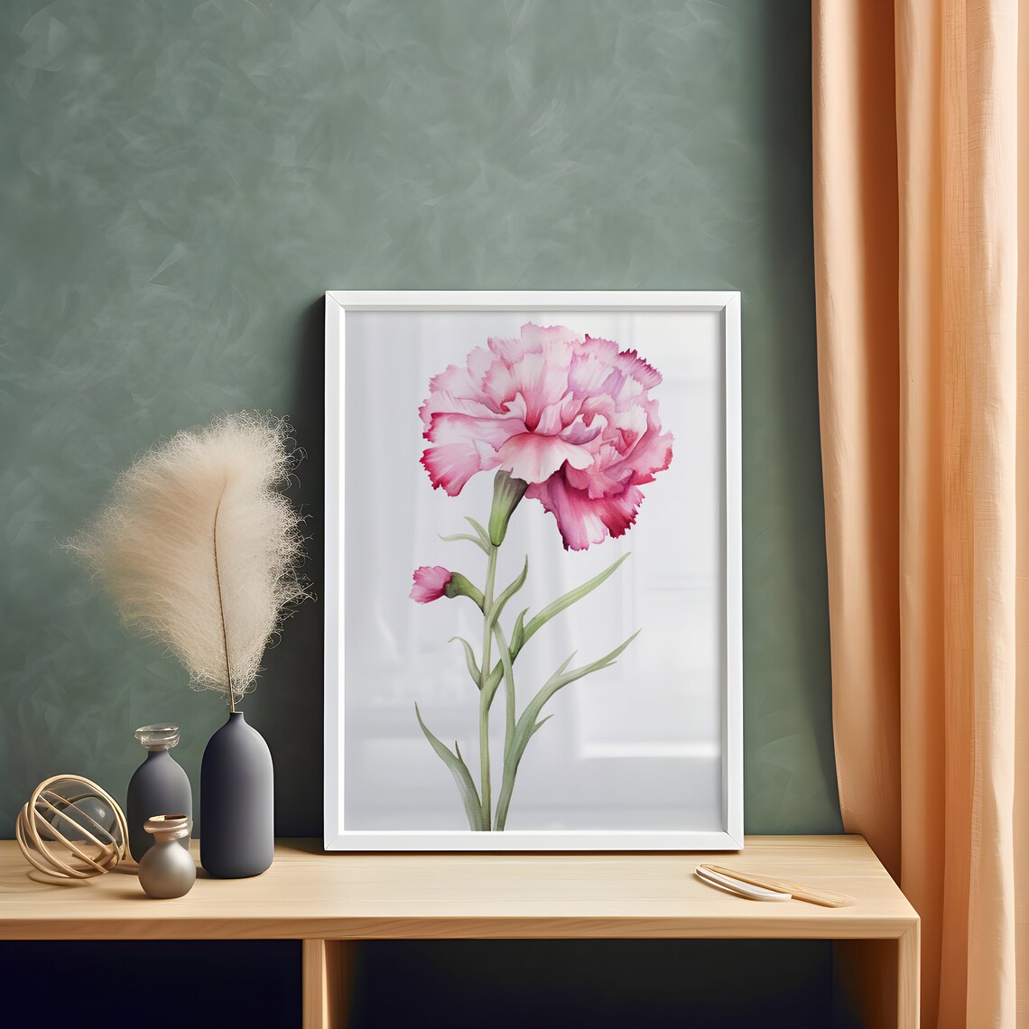 Pink Carnation With Bud Fringed Petals Watercolor Floral Art Poster - Image 4