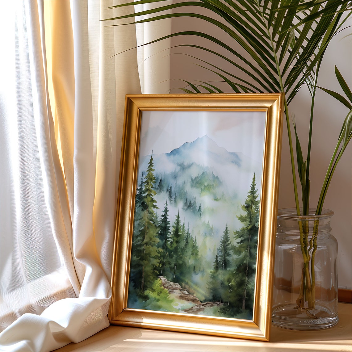 Misty Mountain Ridge Pine Forest Watercolor Painting Poster for Homes - Image 3