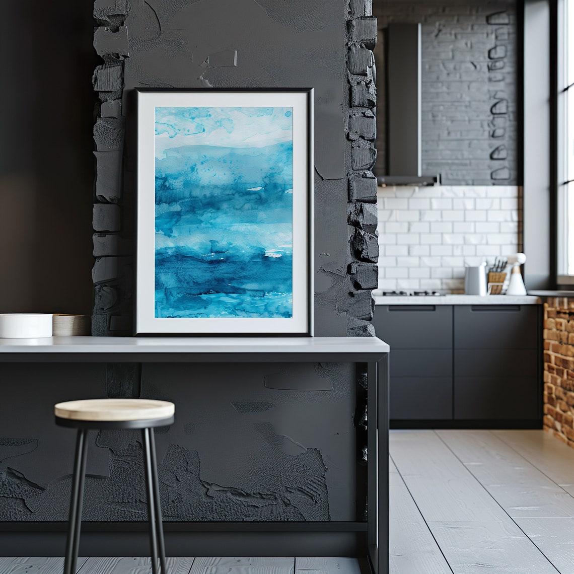 Turquoise Abstract Ocean Waves Watercolor Coastal Art Poster - Image 2