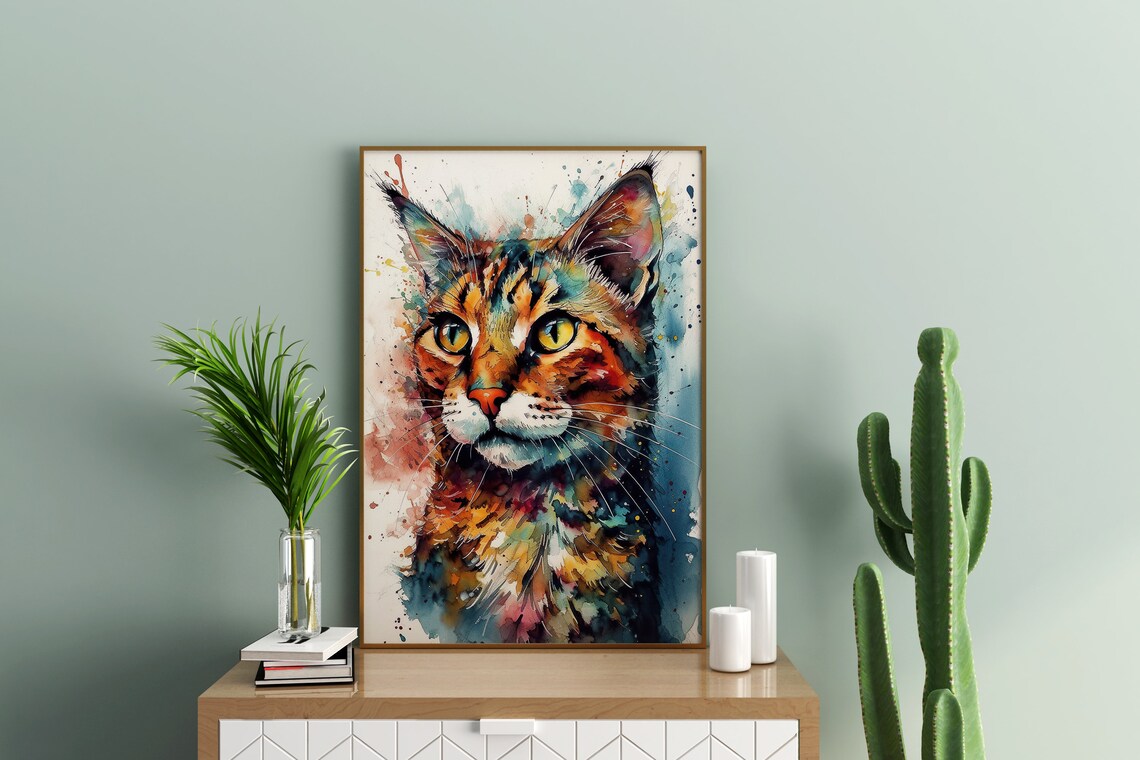 Cat Painting Wall Art Poster Gift Watercolor Colorful Animal Painting Illustration Nature Wall Art Home Decor Watercolor Print - Image 4