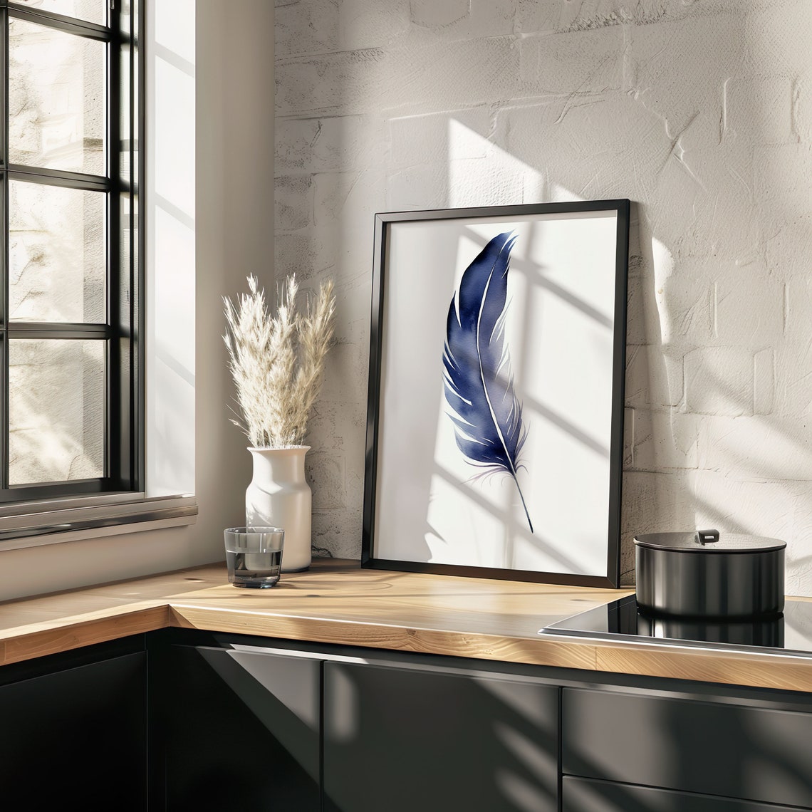 Navy Blue Feather Watercolor Bold Minimalist Elegant Art Poster - Image 5