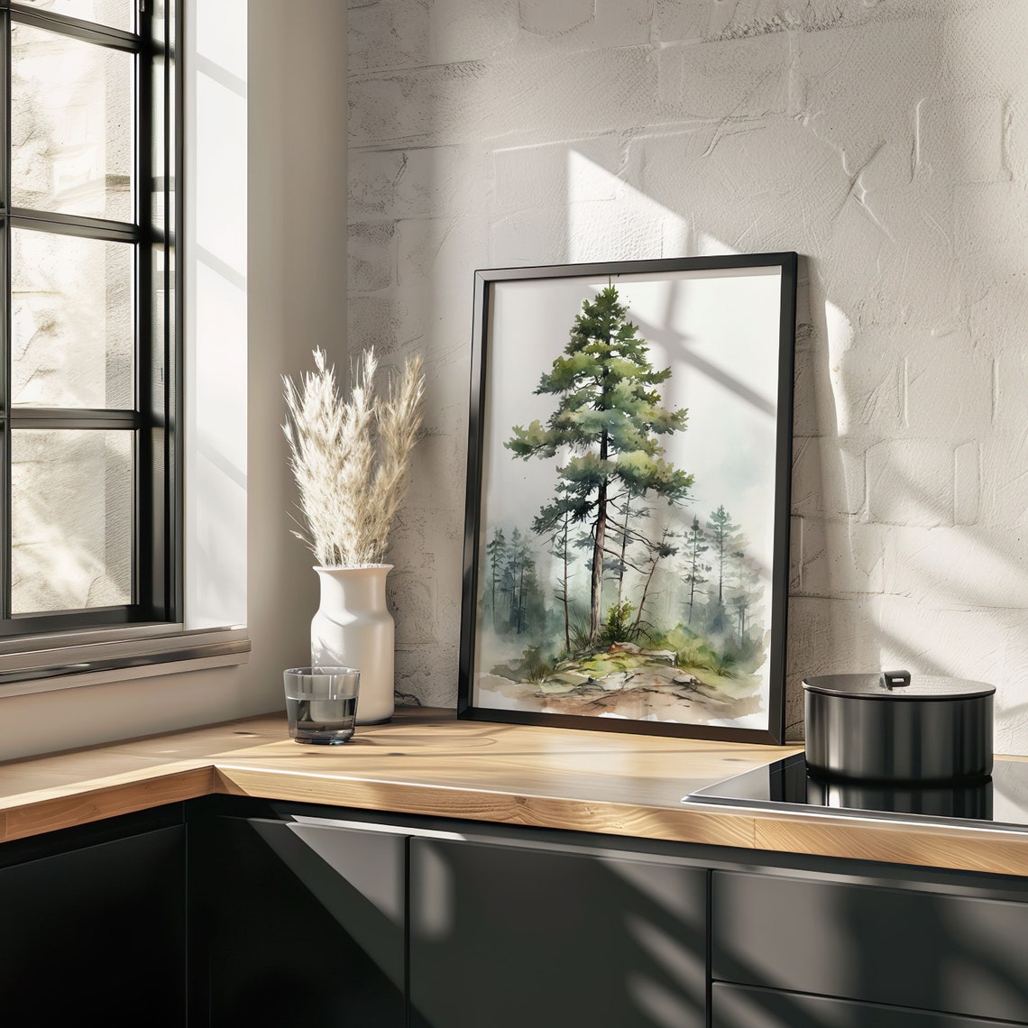 Lone Pine Tree Rocky Hillside Misty Watercolor Forest Art Poster - Image 4