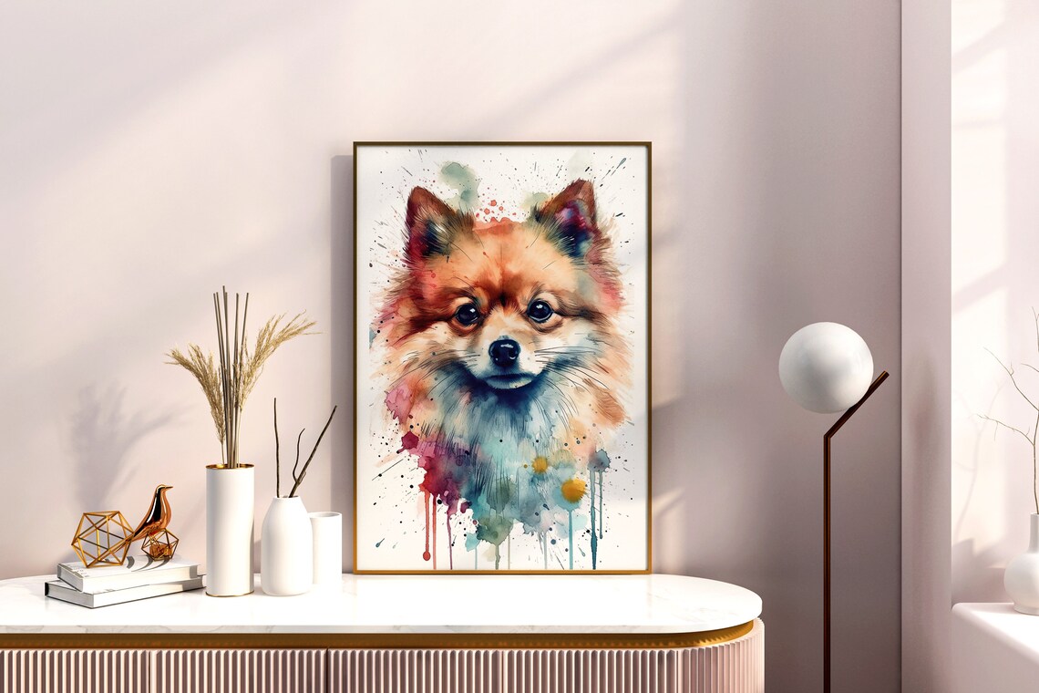 Pomeranian Dog Face Watercolor Portrait Cute Pet Splash Poster - Image 4