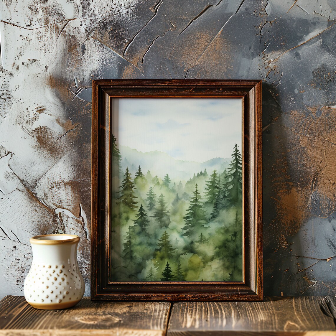 Misty Green Valley Pine Forest Watercolor Painting Poster for Peaceful Homes - Image 3