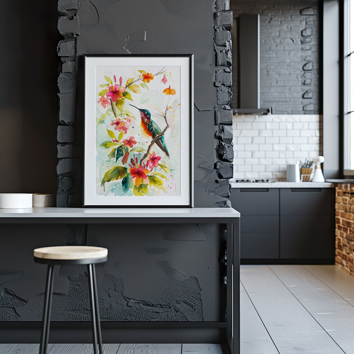 Hummingbird Among Pink Spring Flowers Watercolor Bird Art Poster - Image 3