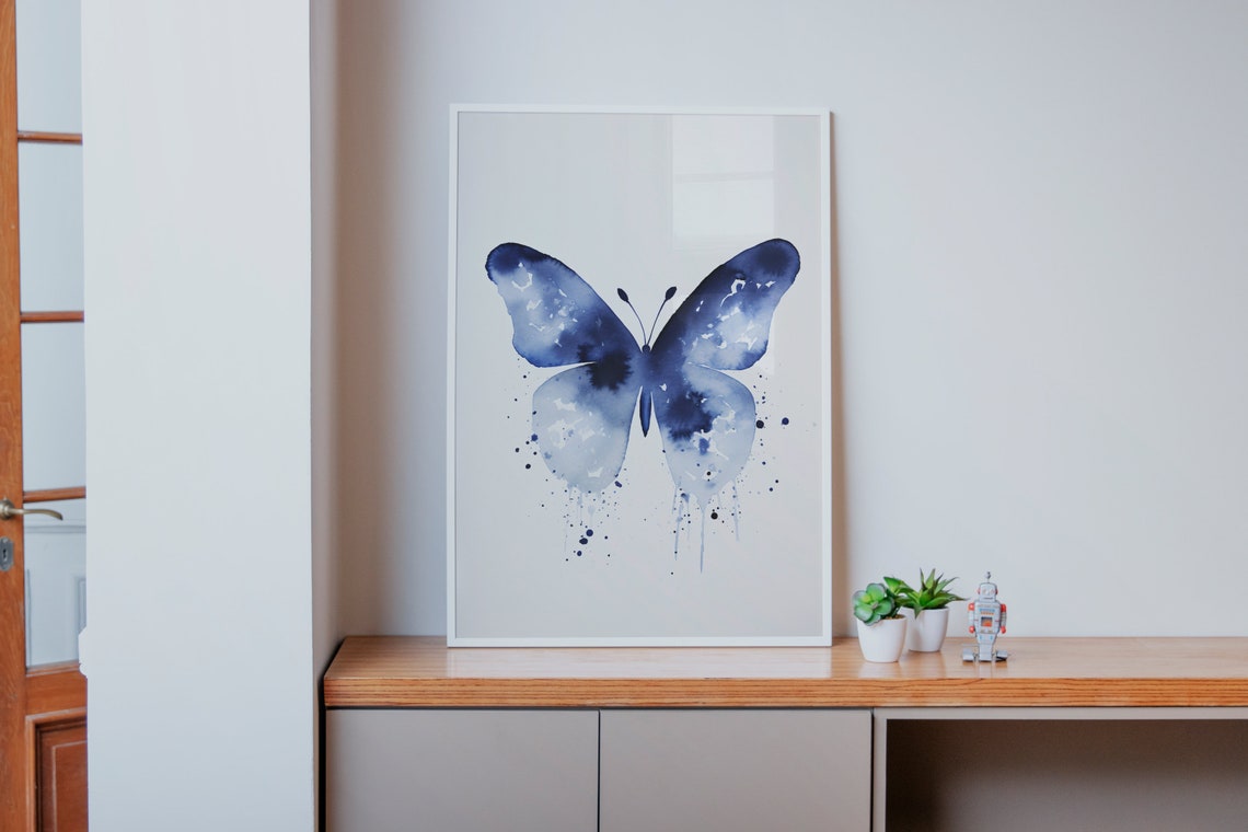 Blue Butterfly Watercolor Splash Wings Insect Garden Decor Poster - Image 3