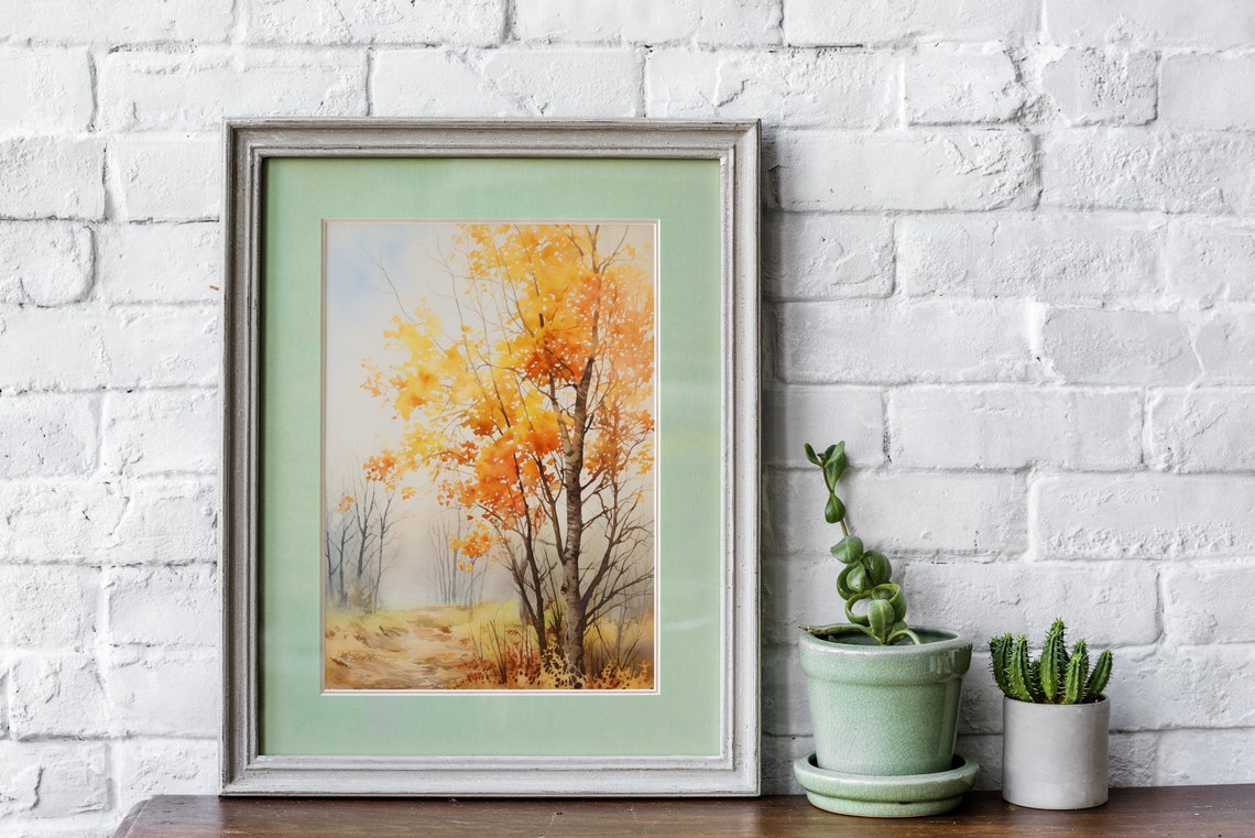 Autumn Birch Trees Golden Forest Path Watercolor Landscape Poster - Image 3