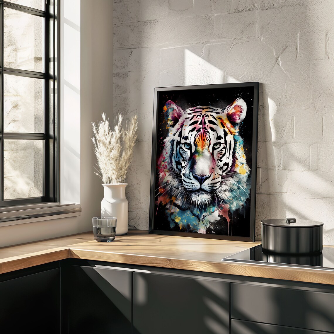 White Tiger Face Colorful Watercolor Black Background Art Poster - Image 4