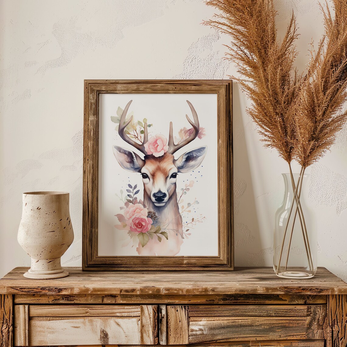 Deer With Antlers Pink Roses Watercolor Woodland Animal Poster - Image 4