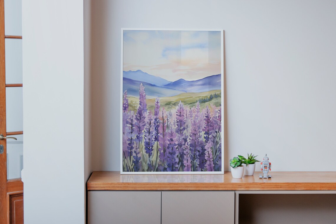 Lupine Field Watercolor Art Print, Minimalist Decor - Image 2