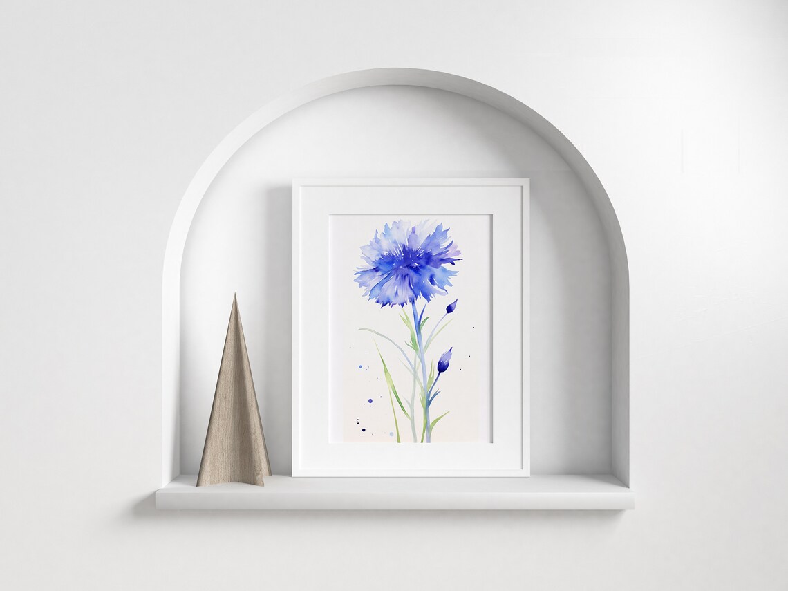 Blue Cornflower Watercolor Single Large Bloom with Buds Minimalist Art Poster - Image 5