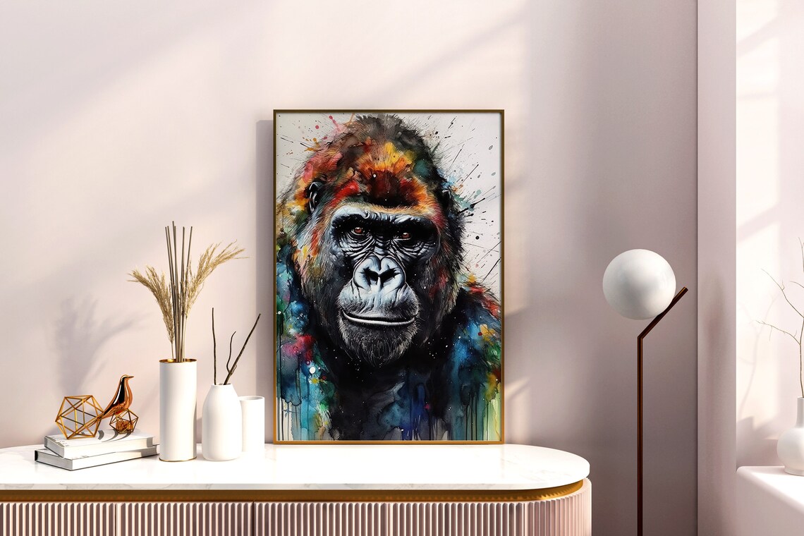 Majestic Gorilla Portrait Colorful Watercolor Wildlife Art Poster - Image 5