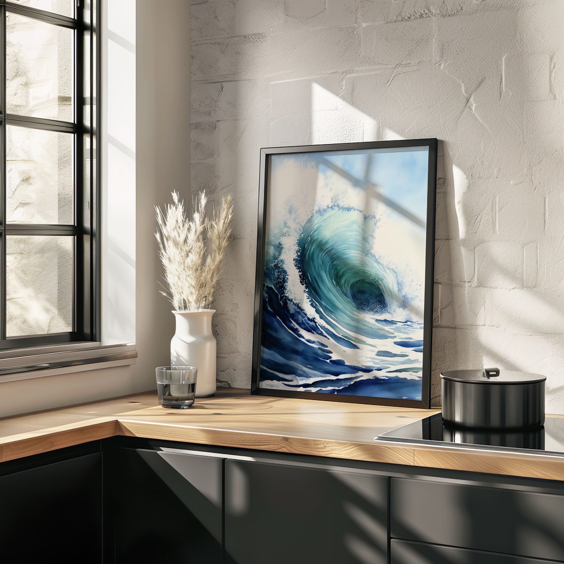 Curling Ocean Wave Watercolor Blue Green Sea Barrel Surf Poster - Image 4