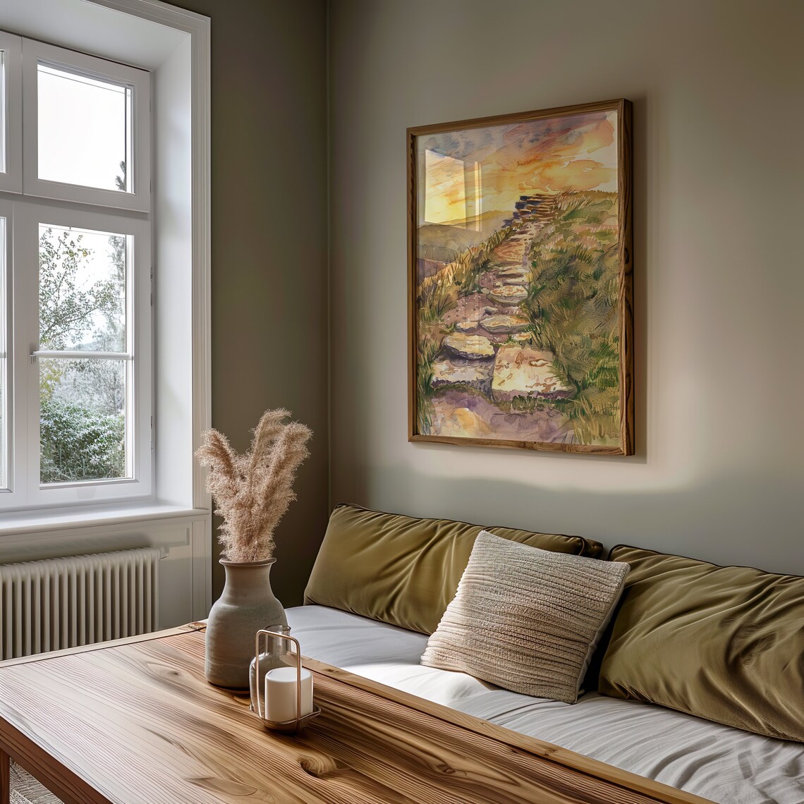 Coastal Cliff Stone Path Watercolor Sunset Golden Hour Art Poster - Image 4