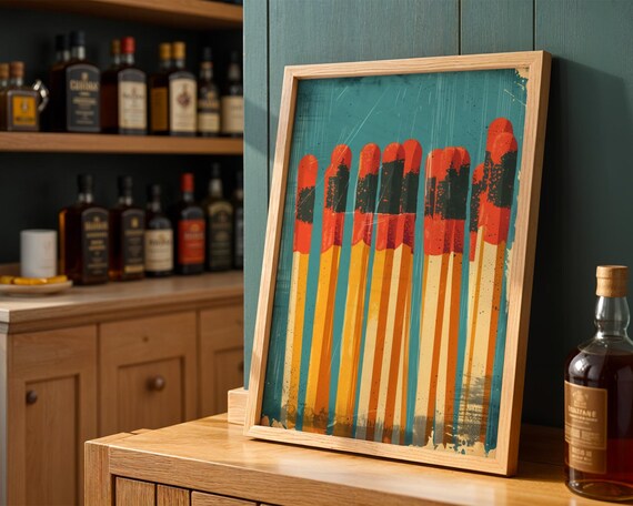 Vintage Matchstick Wall Art Retro Matchbox Print Bold Graphic Poster Midcentury Modern Kitchen Decor Pop