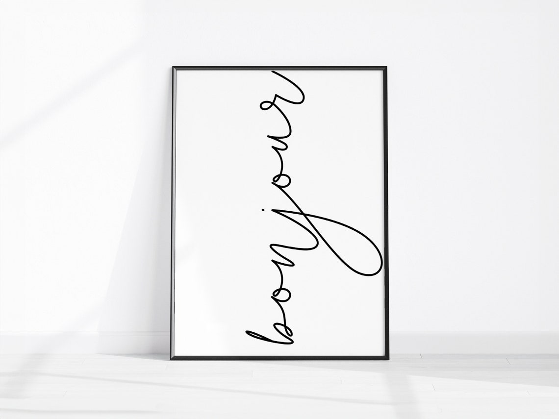 Bonjour French Script Black White Minimalist Typography Poster