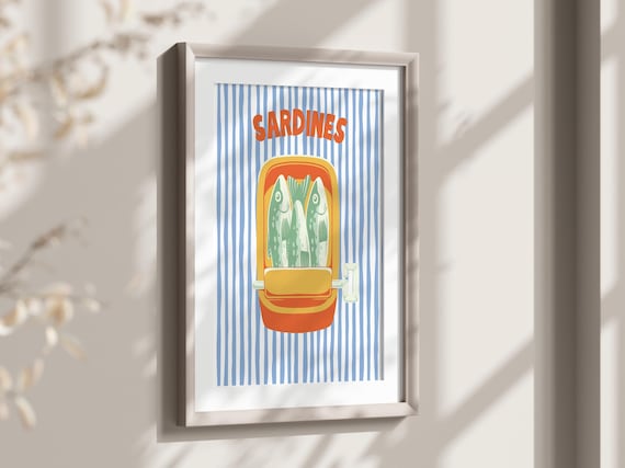 Sardines Tin Can Retro Kitchen Food Illustration Blue Stripe Poster