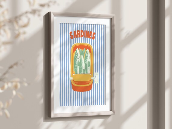 Tinned Sardines Print Art Gift Kitchen Poster Sardine Tin Retro Food Trendy Blue Stripe Decor Fish Wall