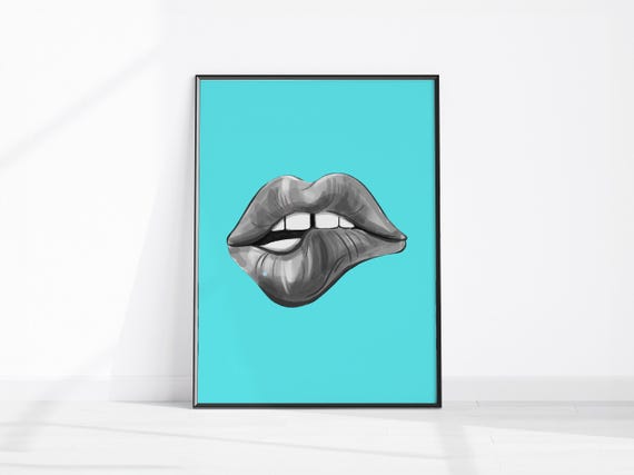 Pop Art Lips Poster Retro Print Turquoise Wall Funky Blue Decor Black And White Fashion Home