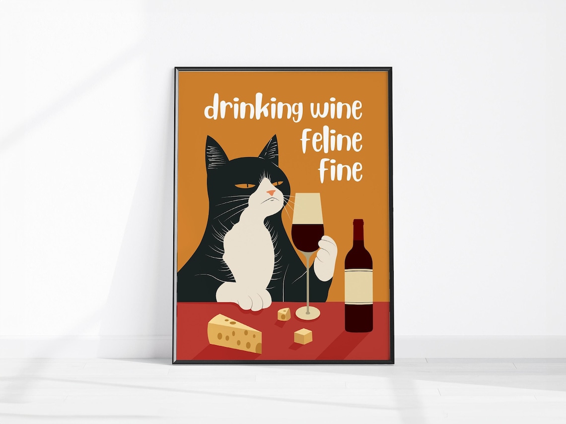 Feline Fine Retro Cat Wine Kitchen Art Print