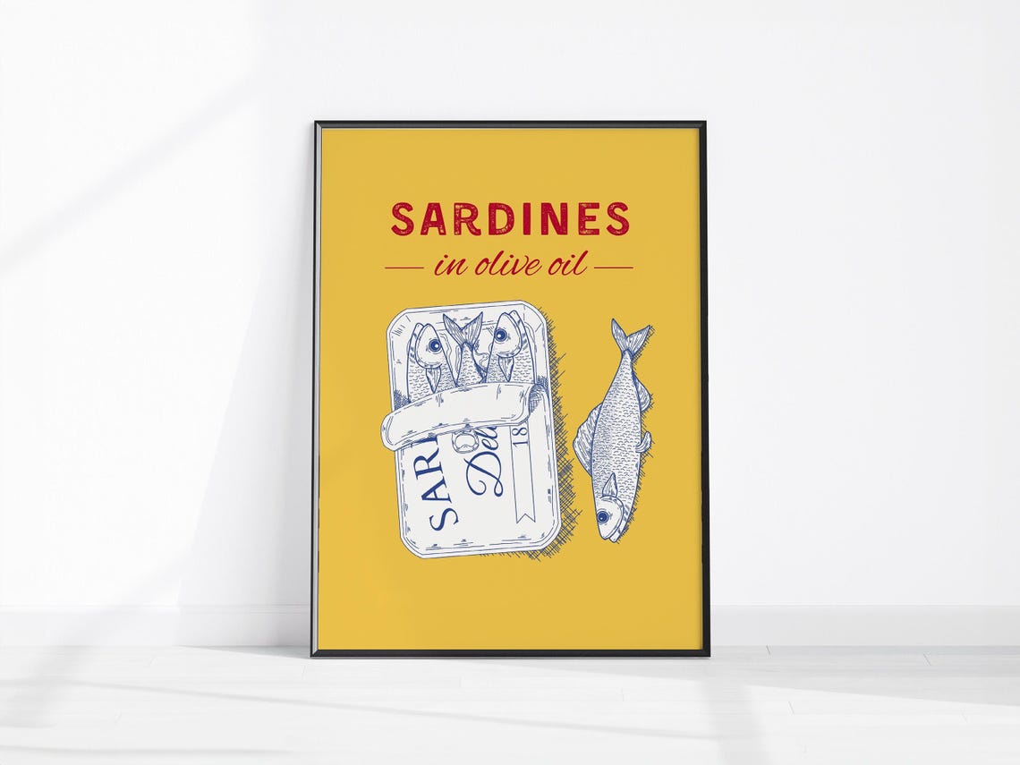 Sardines In Olive Oil Retro Kitchen Tin Can Illustration Poster