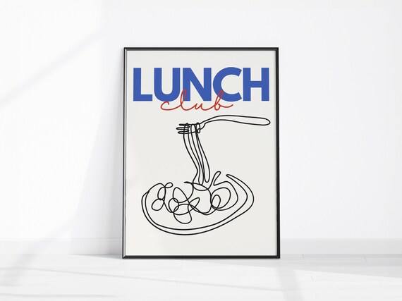 Lunch Club Spaghetti Fork Line Art Retro Minimalist Kitchen Poster