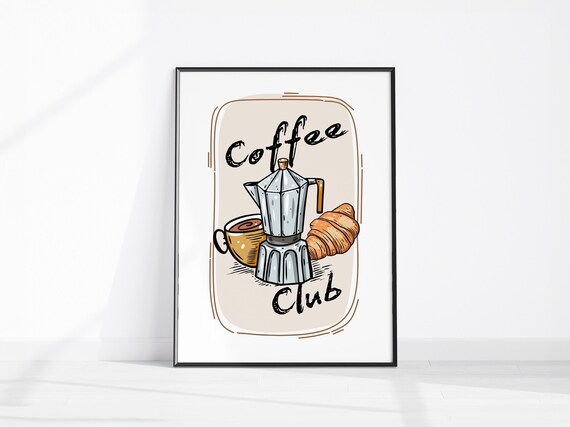 Coffee Club Moka Pot Croissant Retro Kitchen Cafe Art Poster