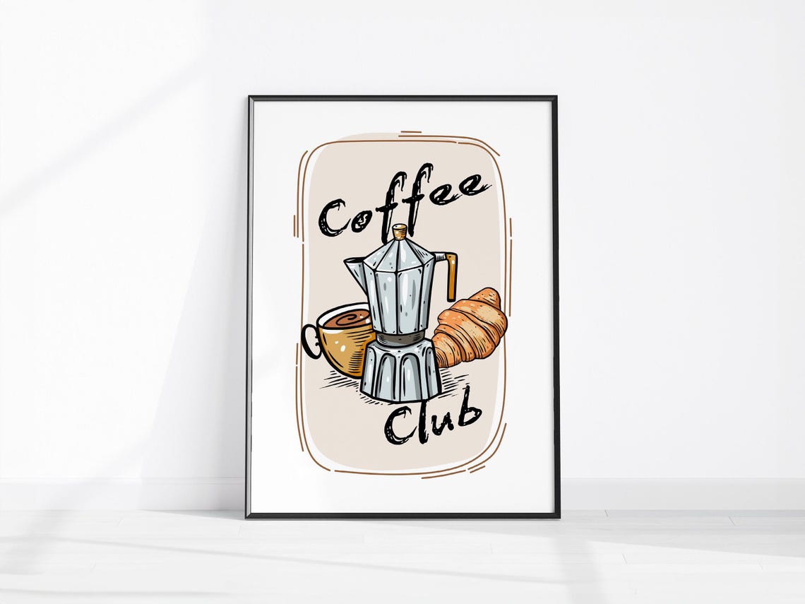 Coffee Club Moka Pot Croissant Retro Kitchen Cafe Art Poster