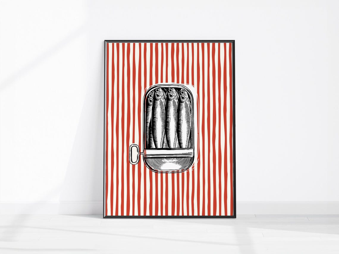Retro Sardine Tin Illustration Red Striped Kitchen Food Art Poster