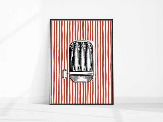 Retro Sardine Tin Illustration Red Striped Kitchen Food Art Poster