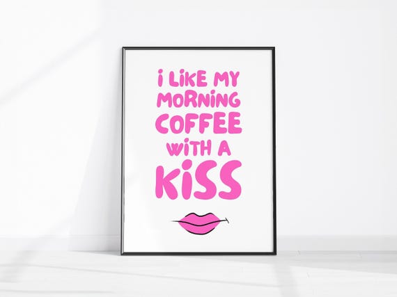 Boho Coffee I Like My Morning With A Kiss Print Retro Kitchen Decor Girly Wall Art Pink Lips Bedroom Poster Above Bed