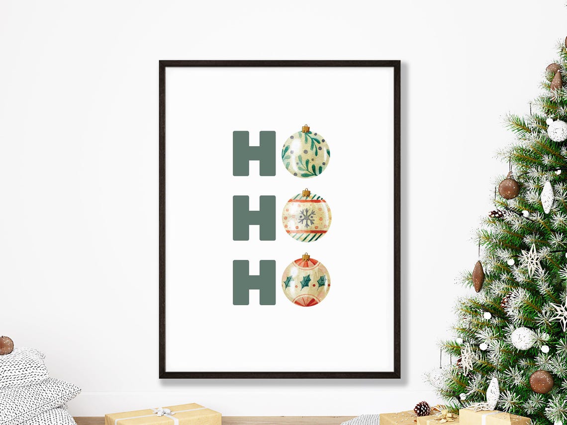 Ho Ho Ho Christmas Baubles Minimalist Holiday Typography Poster