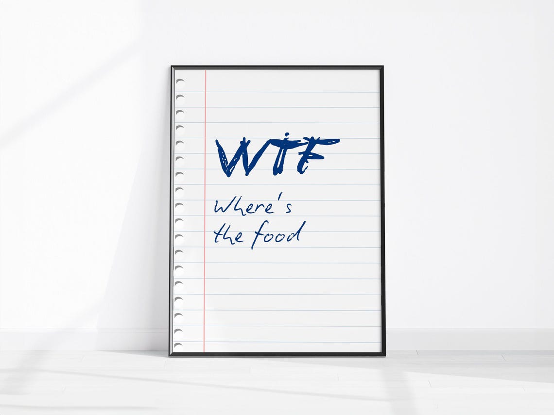 WTF Wheres the Food Funny Kitchen Quote Handwritten Sign Poster