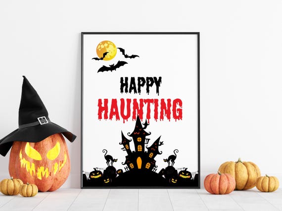 Happy Haunting Halloween Decor Haunted House Wall Art Spooky Print Large Poster Party