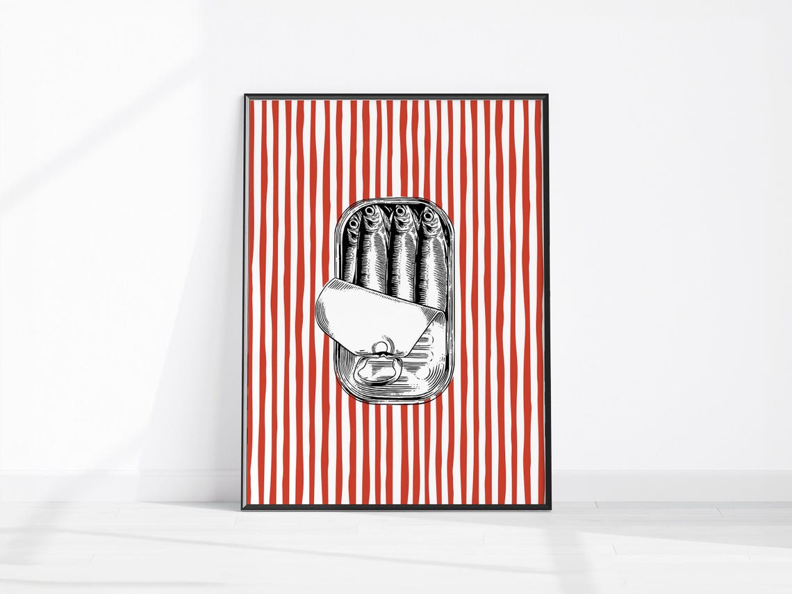 Sardine Tin Retro Red Striped Mediterranean Food Kitchen Poster