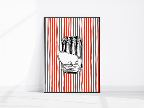 Sardine Tin Retro Red Striped Mediterranean Food Kitchen Poster