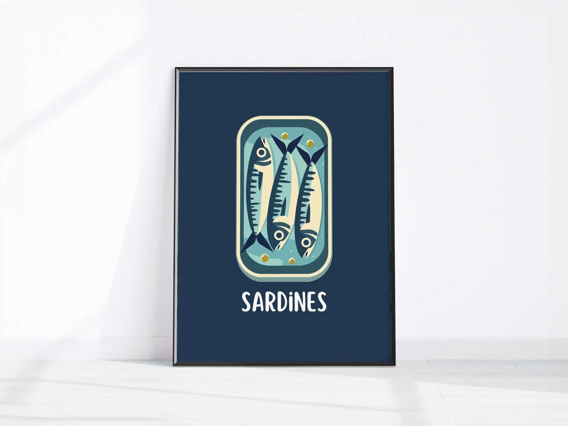 Retro Sardines Tin Can Navy Blue Vintage Kitchen Food Art Poster