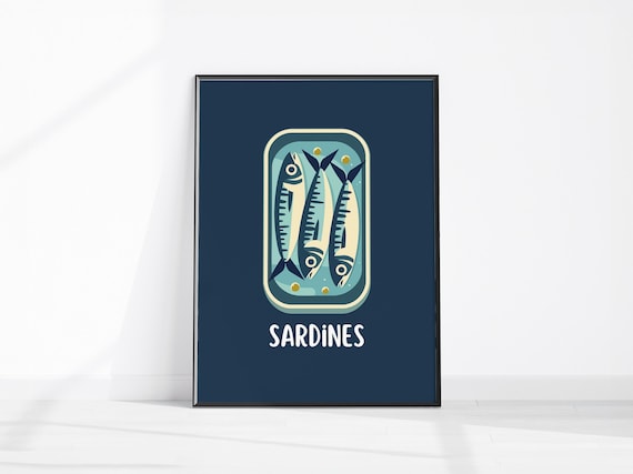 Retro Sardines Tin Can Navy Blue Vintage Kitchen Food Art Poster