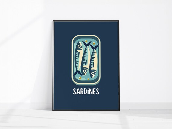 Sardine Print Kitchen Wall Art Sardines Tin Dining Room Decor Retro Food Poster Colourful Fish