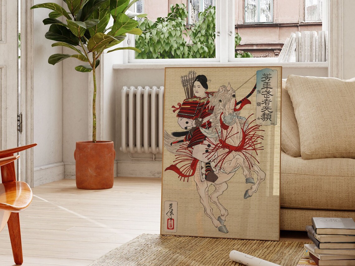Japanese Female Samurai Warrior on Horseback Ukiyo-e Art Print - Image 3