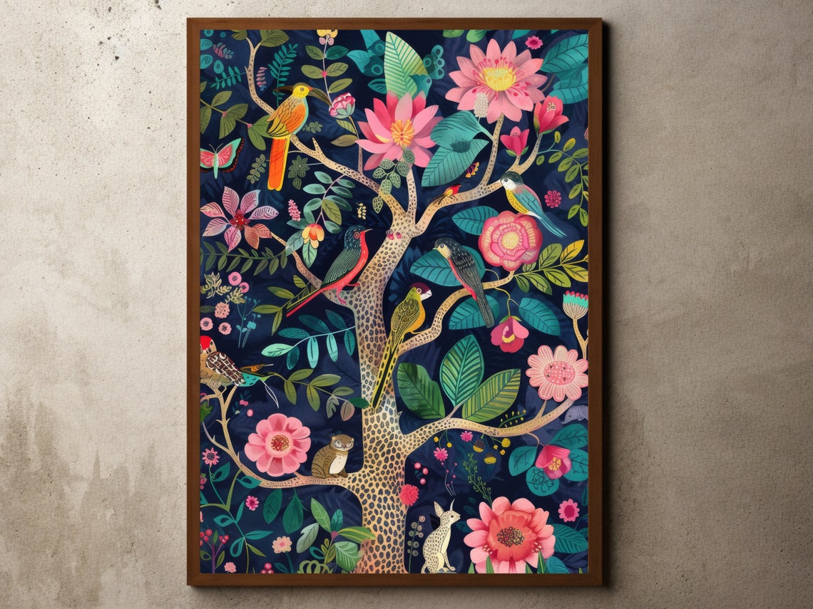 Colorful Tree Of Life With Birds Pink Lotus Navy Botanical Art Poster
