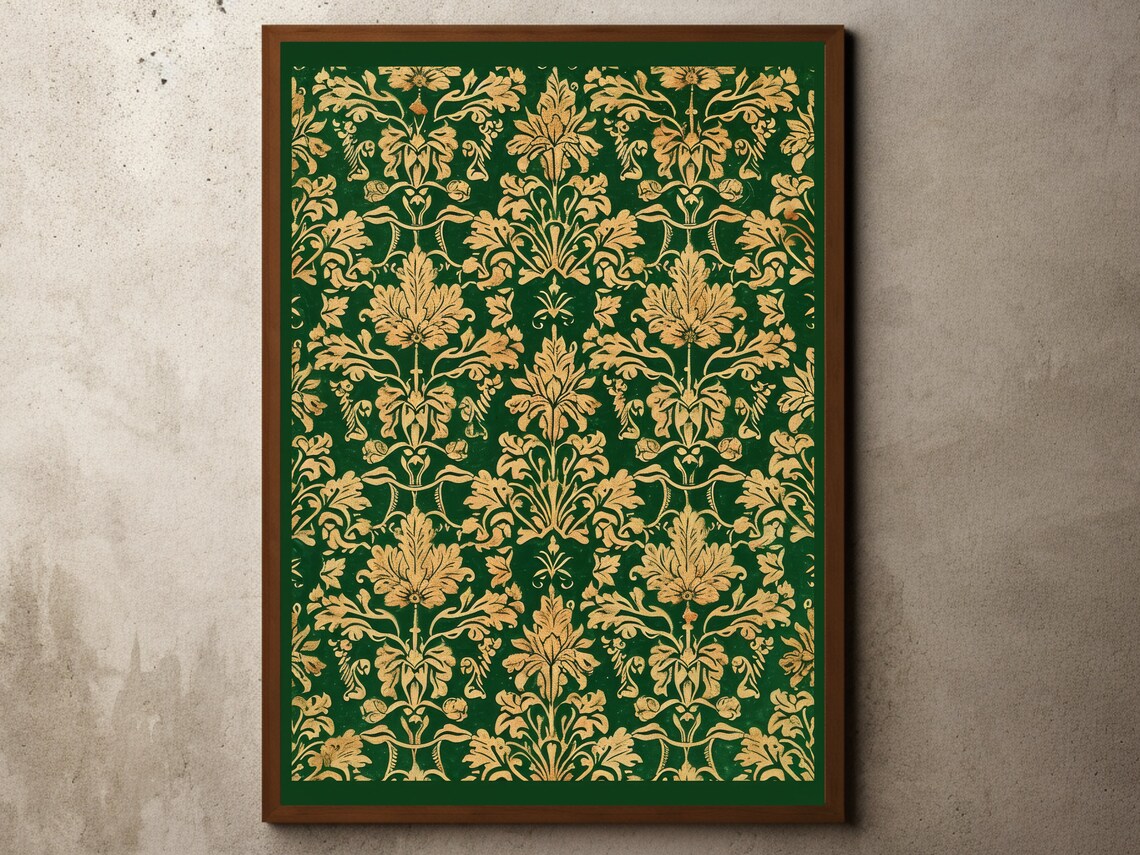 Green and Gold Floral Damask Vintage Tapestry Style Decorative Poster