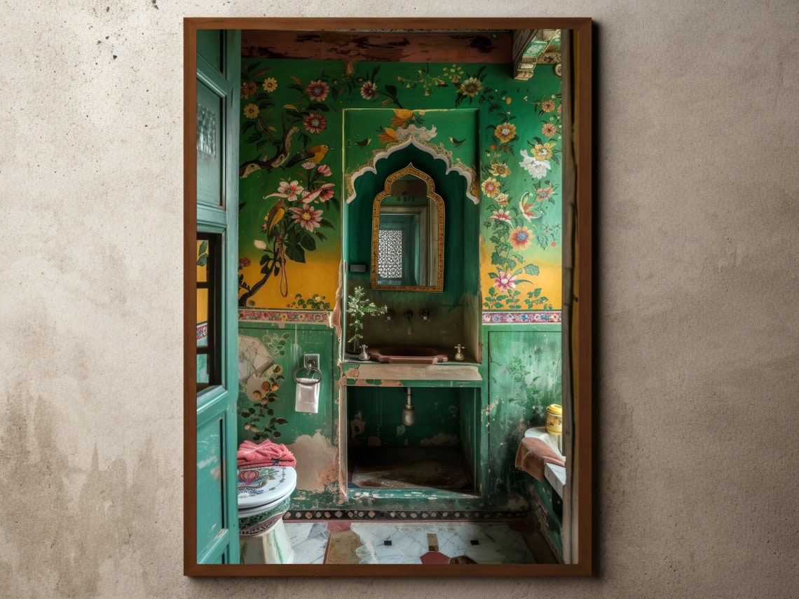 Vibrant Hand Painted Indian Floral Bathroom Interior Wall Poster