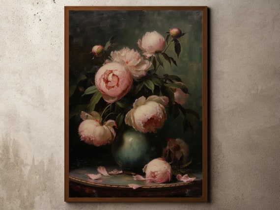 Vintage Peony Flower Farmhouse Print Dark Floral Still Life Oil Painting Antique Blooming Peonies Moody