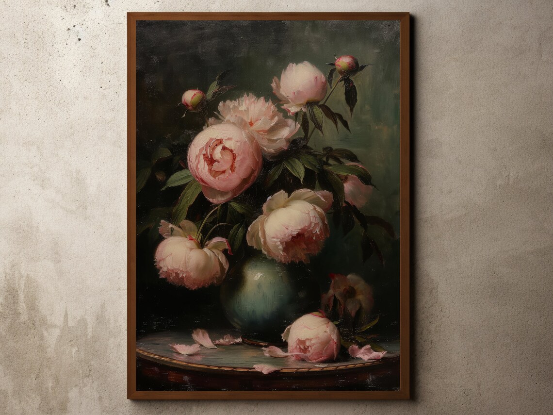 Vintage Peony Flower Farmhouse Print Dark Floral Still Life Oil Painting Antique Blooming Peonies Moody