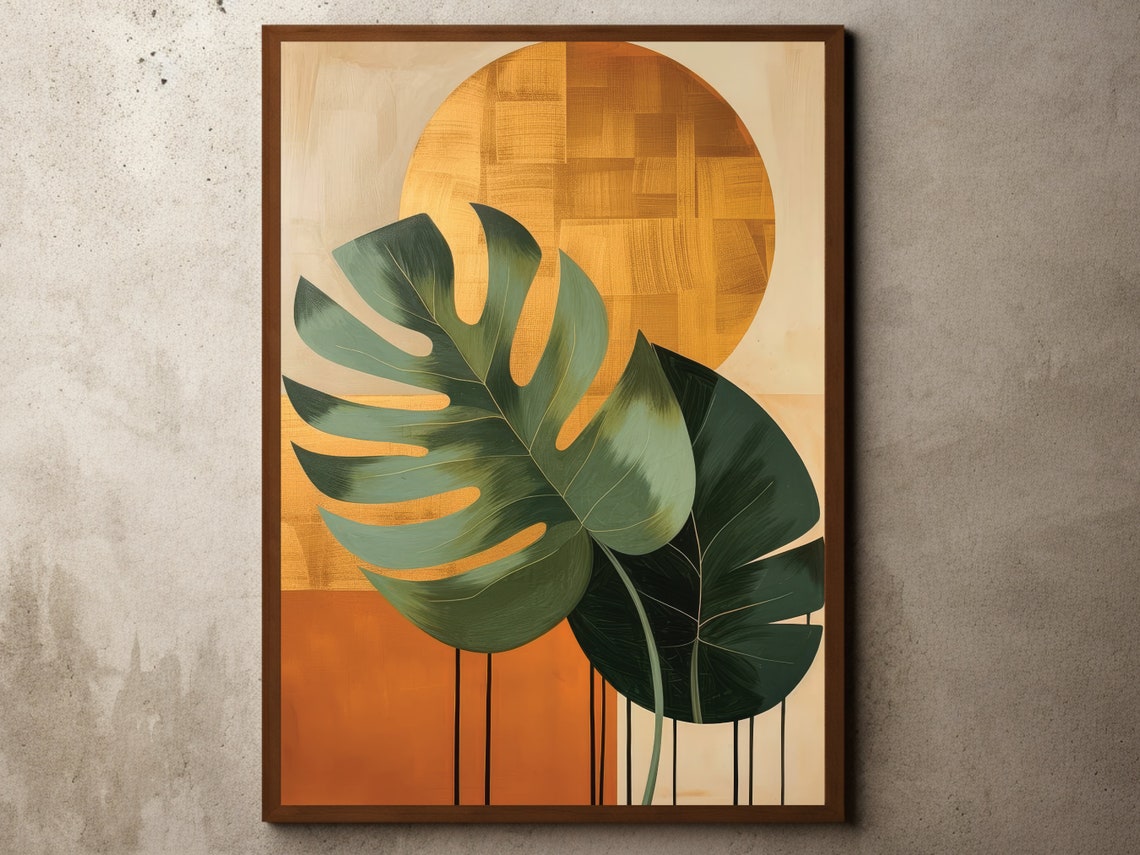 Monstera Leaves Before a Golden Sun Tropical Botanical Art Poster