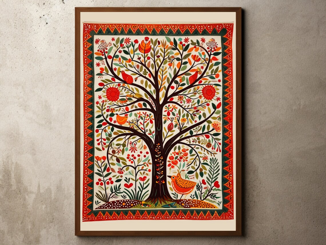 Folk Art Tree Of Life With Birds Colorful Textile Style Poster