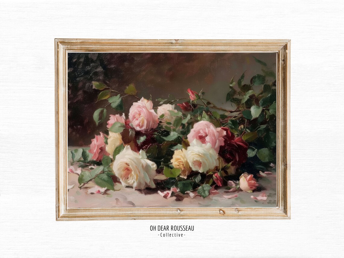 Pink Roses Still Life Vintage Oil Painting Moody Floral Print