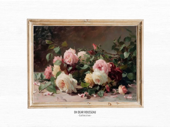 Vintage Pink Roses Painting Farmhouse Print Dark Floral Still Life Oil Antique Blooming Moody Flower